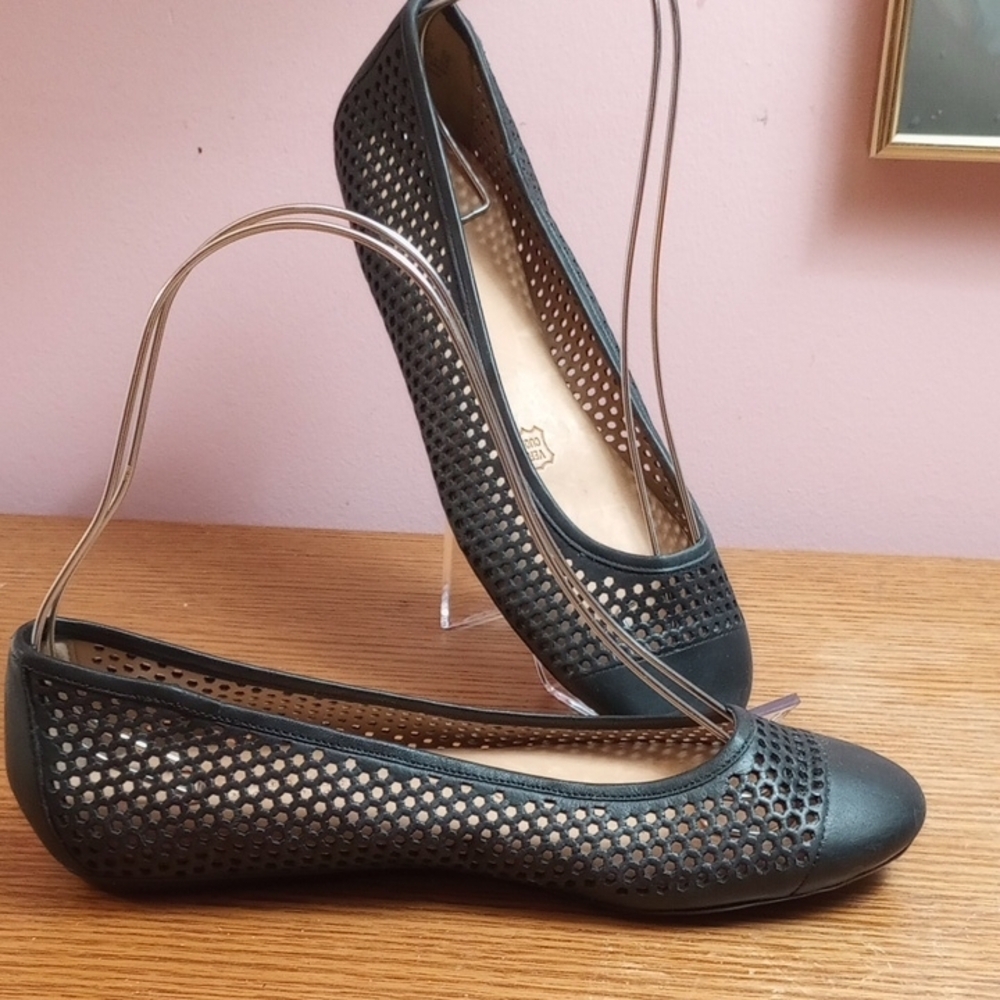 Black Leather Perforated Ballet Flats